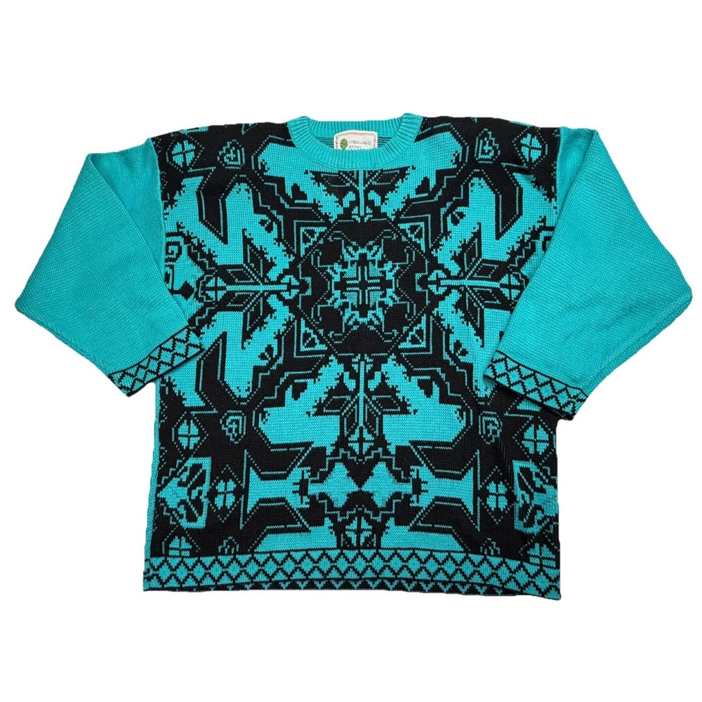 Vintage Organically Grown Sweater Small Teal Black Geometric 80s 90s‎